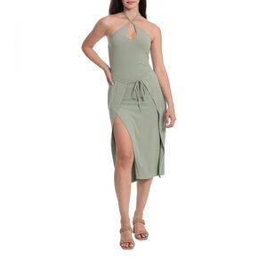 Avec Les Filles Sleeveless Halter Tie Front Waist with Slit Bodycon‎ Dress, L